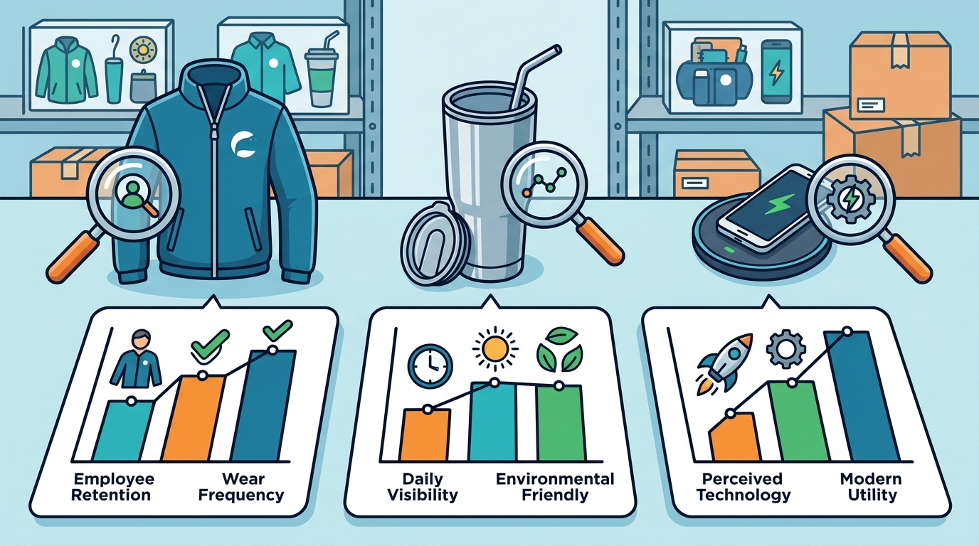 Promotional Product Comparison: Apparel, Drinkware & Tech for 20