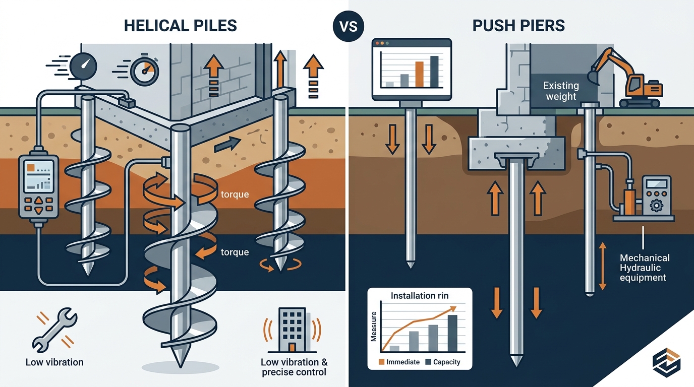 Helical Piles vs. Push Piers: A Contractor's Guide to Foundation