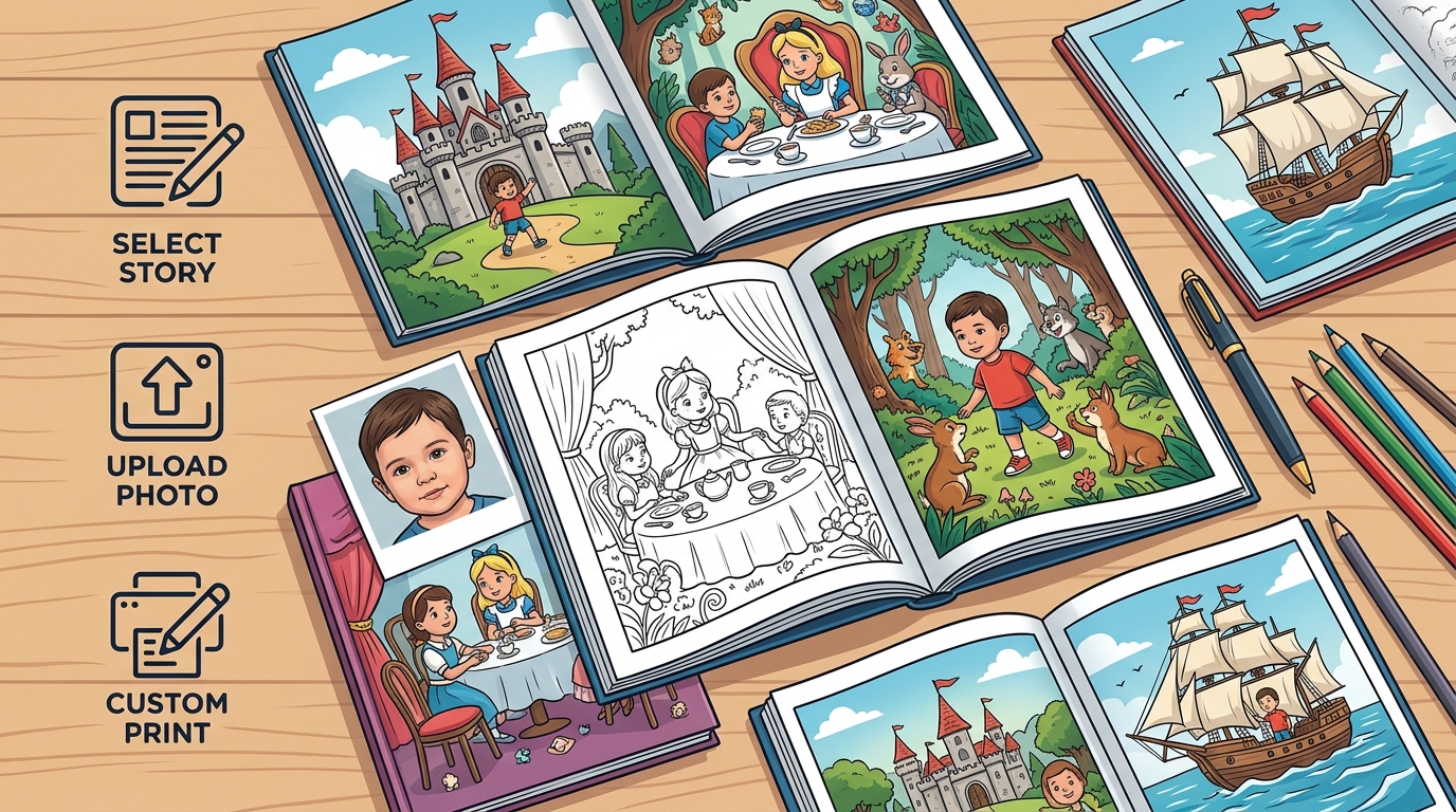 Which Custom Coloring Book Features a Child in a Timeless Tale?