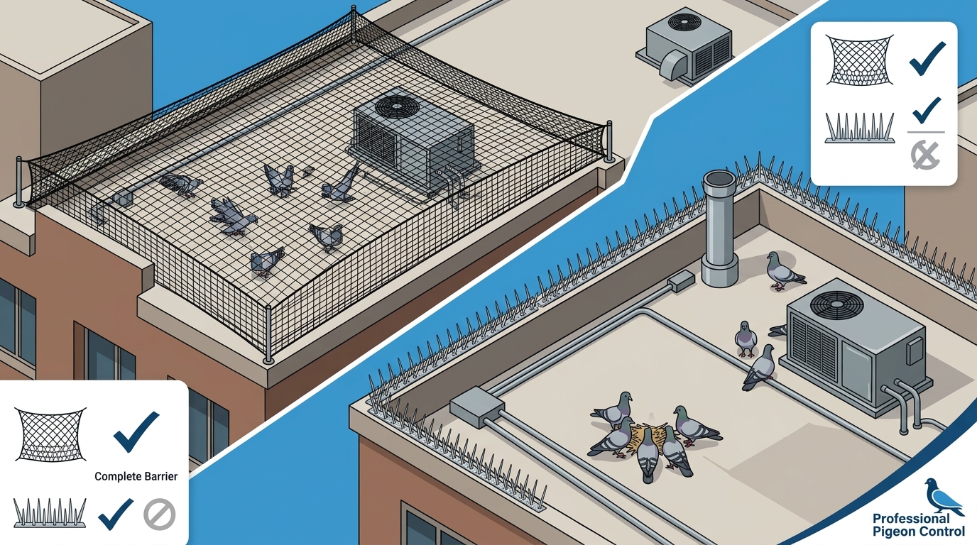 Commercial Roof Bird Control: Netting vs. Spike Strips