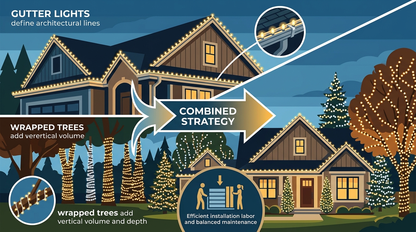 Gutter Lights vs Wrapped Trees: The 2026 Property Display Guide