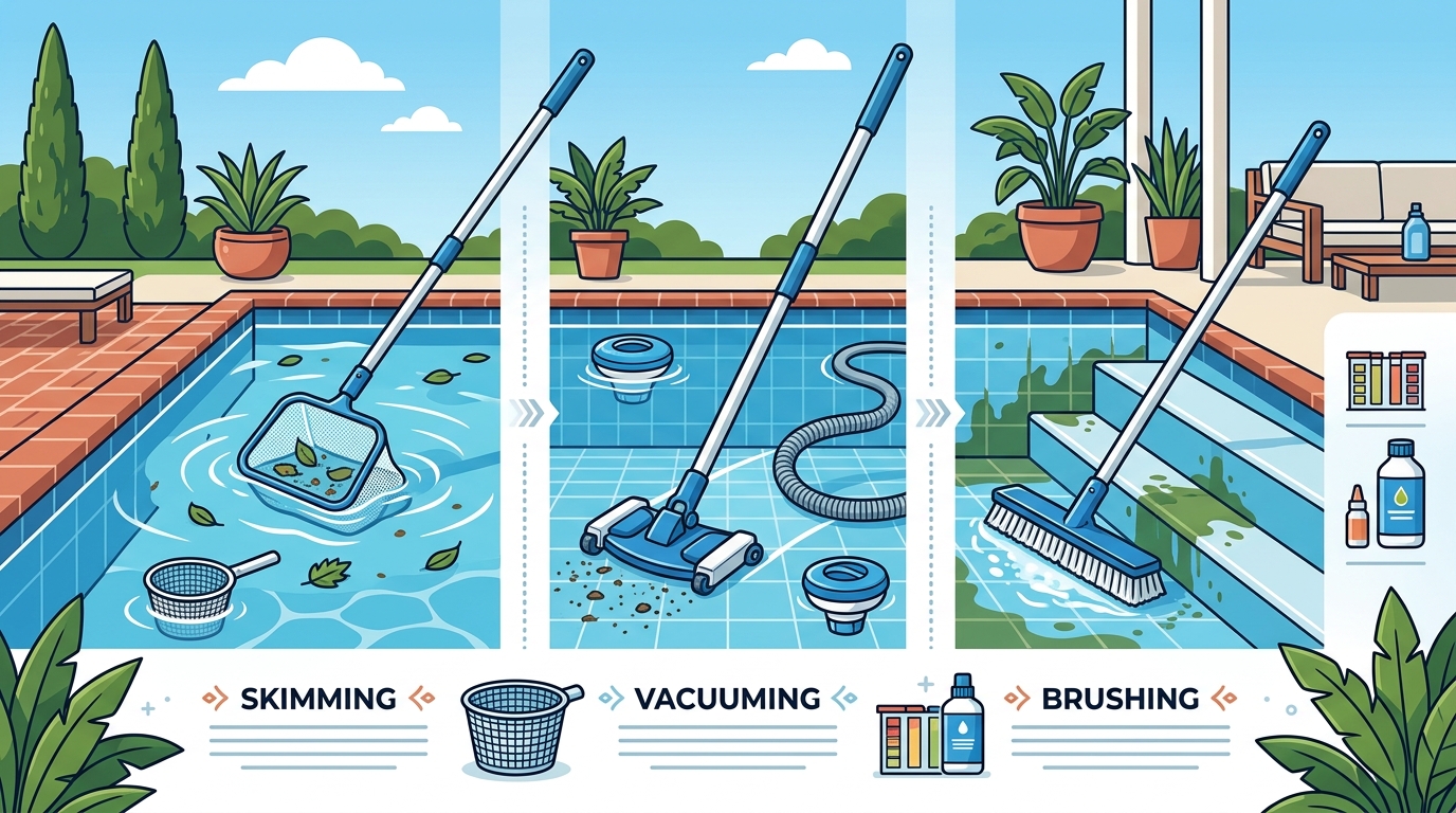 Weekly Pool Cleaning in Baton Rouge: Skimming, Vacuuming, and Br