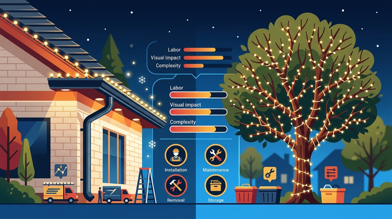 Gutter Lights vs Wrapped Trees: The Ultimate Display Guide